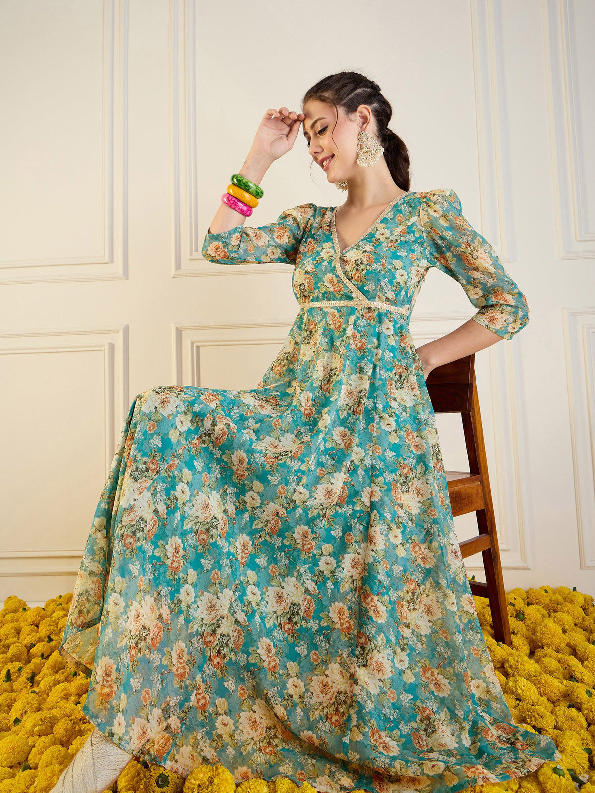 Turquoise Blue Floral Anarkali Maxi Dress-Shae by SASSAFRAS
