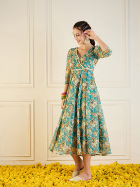 Turquoise Blue Floral Anarkali Maxi Dress-Shae by SASSAFRAS