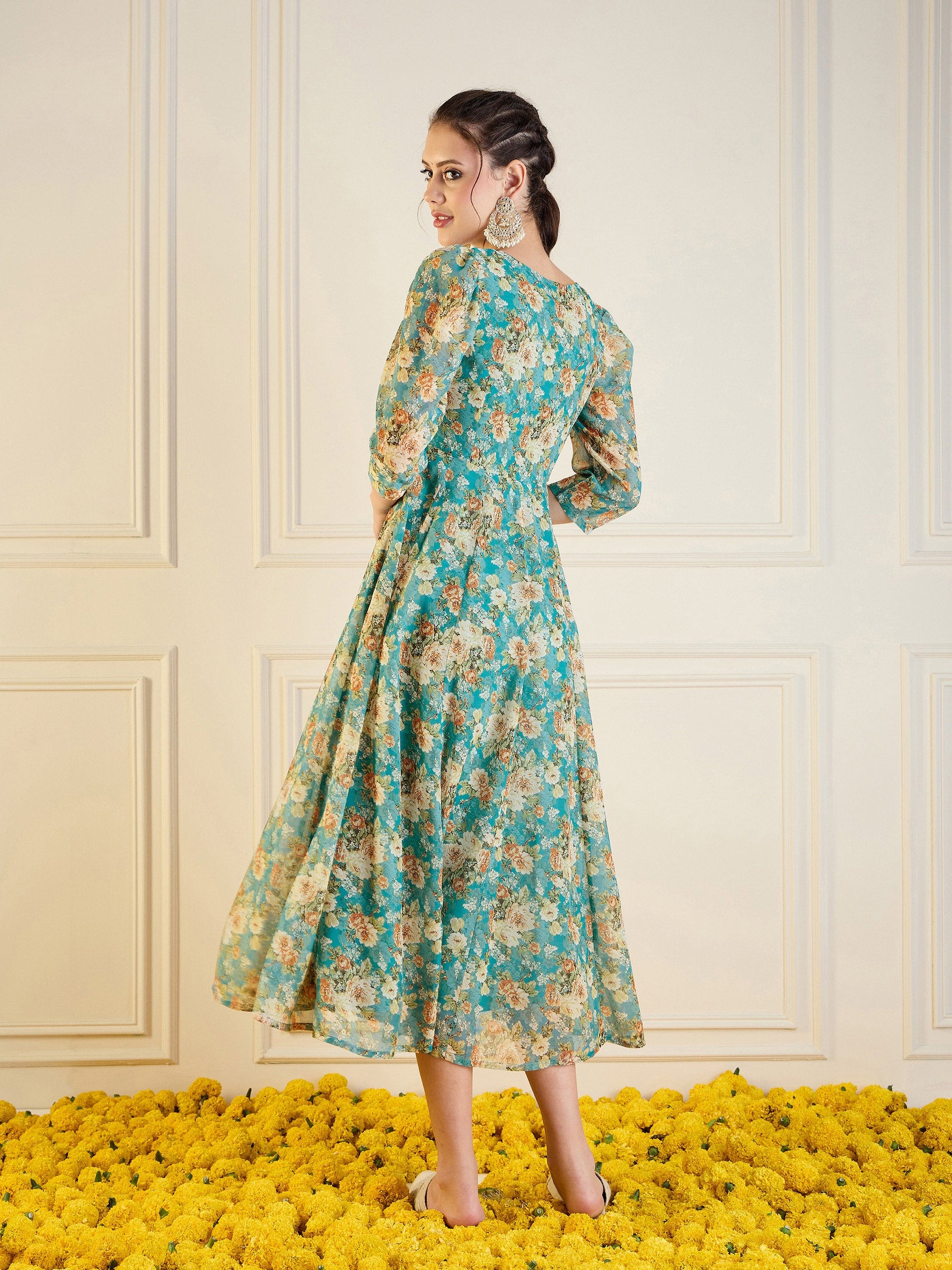 Turquoise Blue Floral Anarkali Maxi Dress-Shae by SASSAFRAS