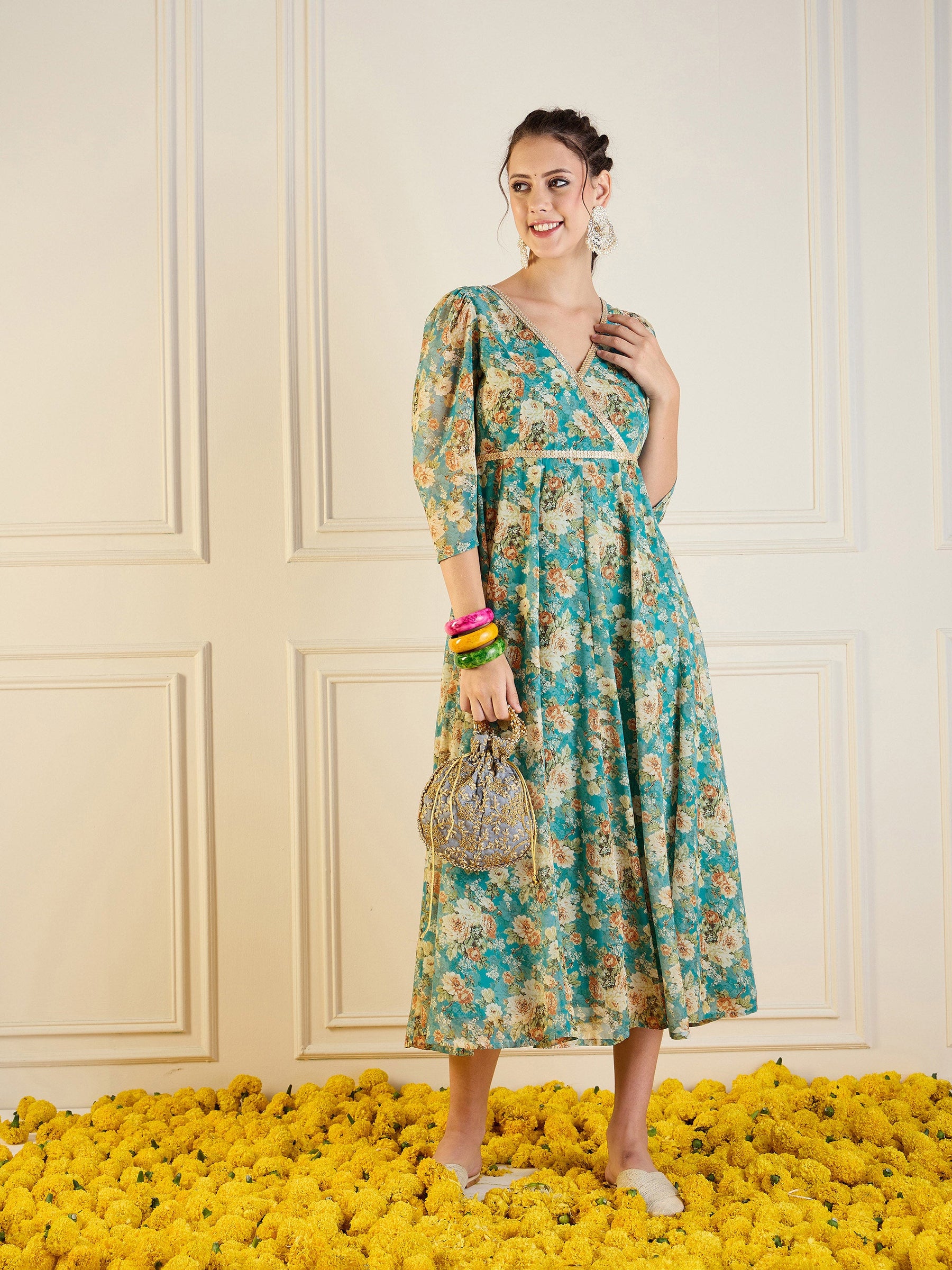 Turquoise Blue Floral Anarkali Maxi Dress-Shae by SASSAFRAS