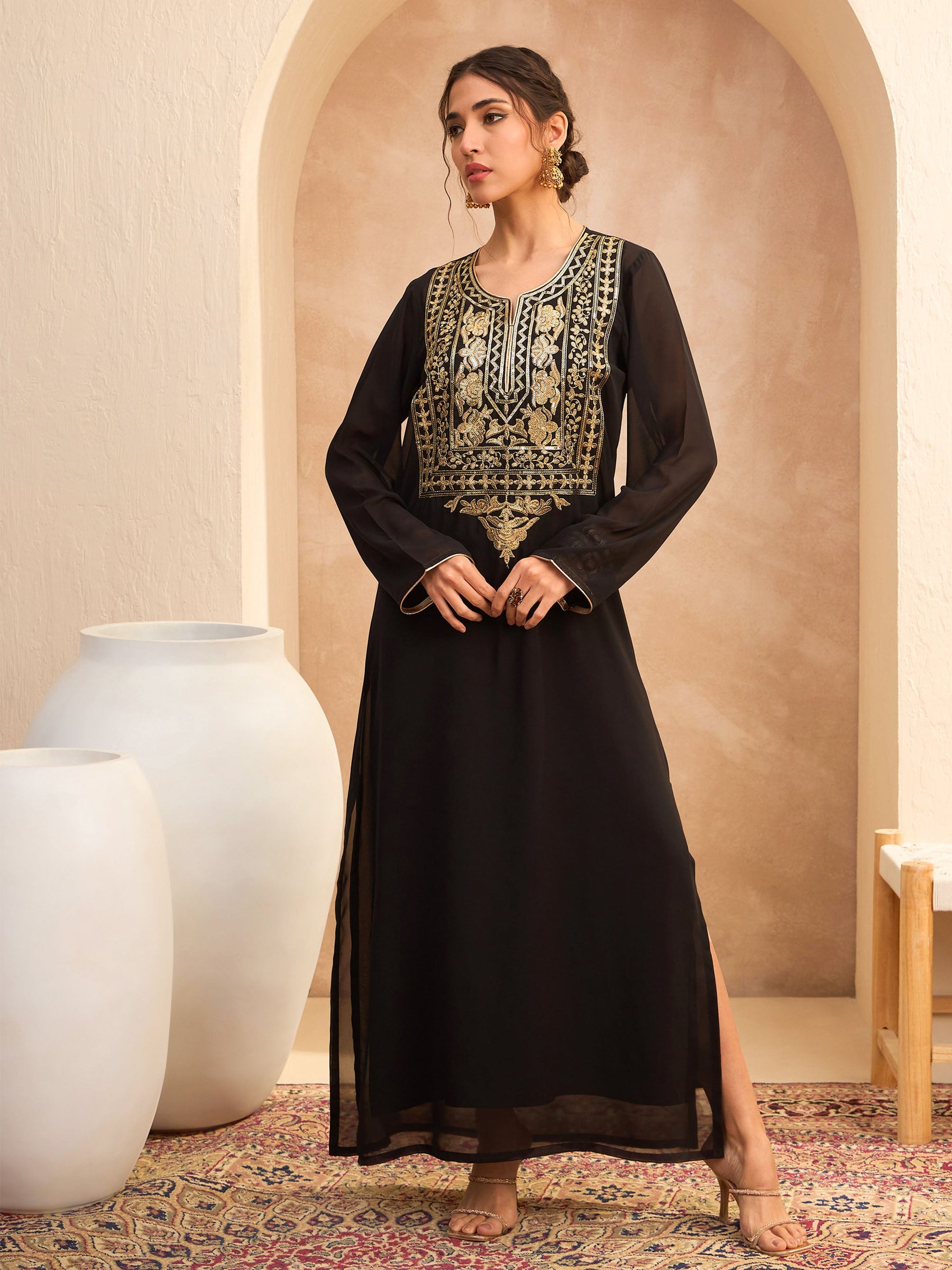 Buy Women Black Embroidered Round Neck Abaya Dress Online at Best Price - Sassafras Buy Women Black Embroidered Round Neck Abaya Dress Online at Best Price - Sassafras