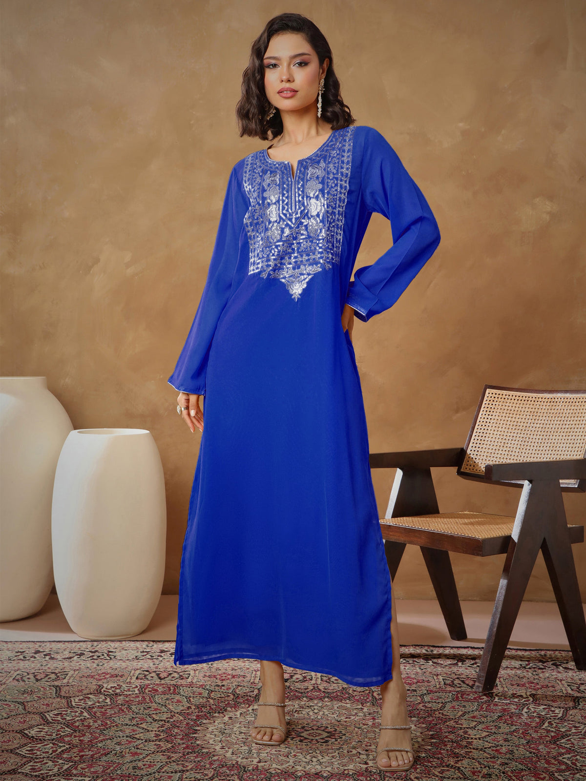 Navy Embroidered Round Neck Abaya Dress-Shae By SASSAFRAS