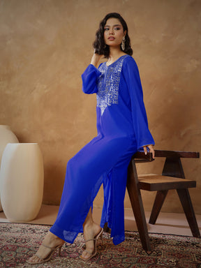Navy Embroidered Round Neck Abaya Dress-Shae By SASSAFRAS