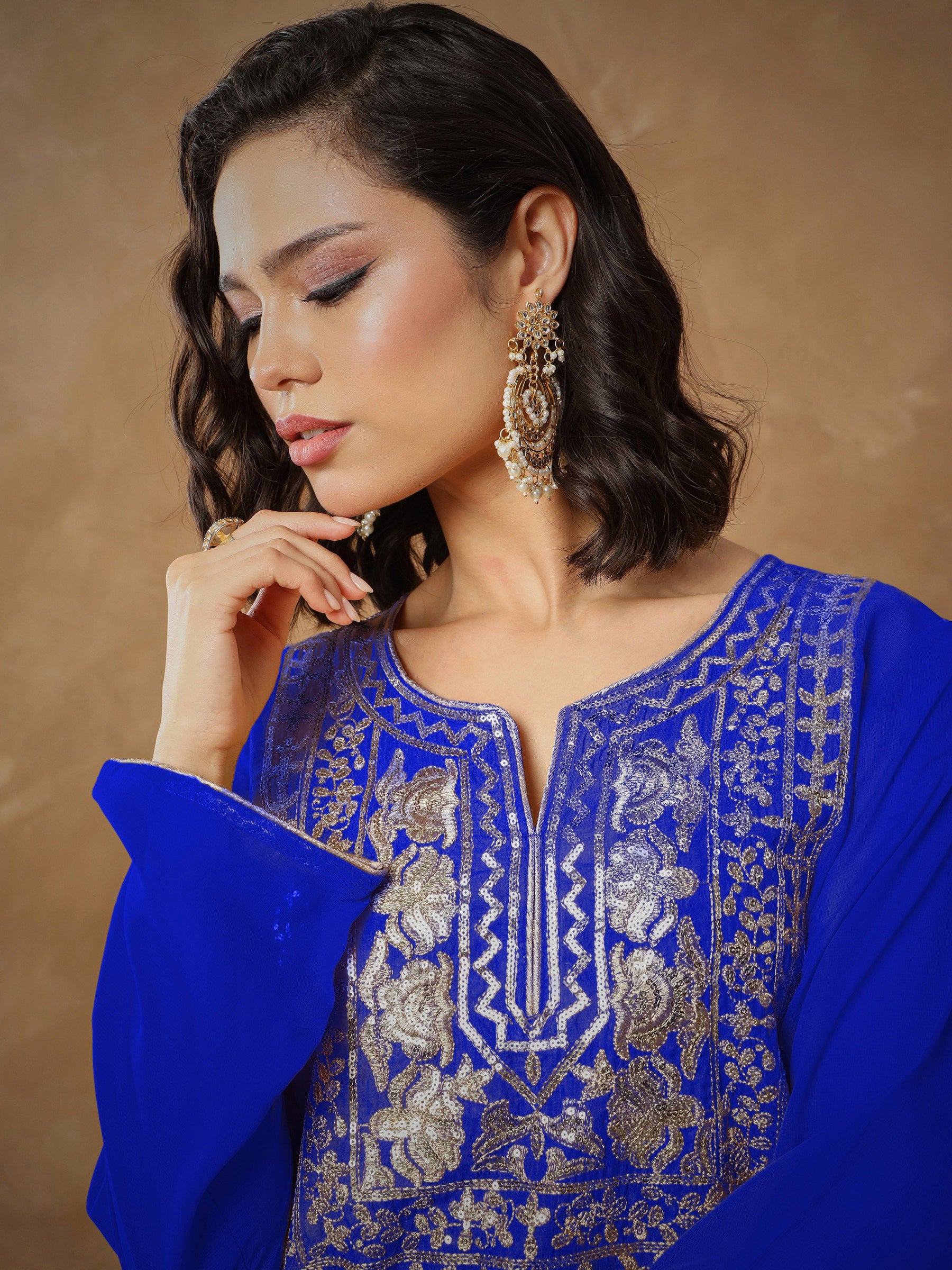 Navy Embroidered Round Neck Abaya Dress-Shae By SASSAFRAS