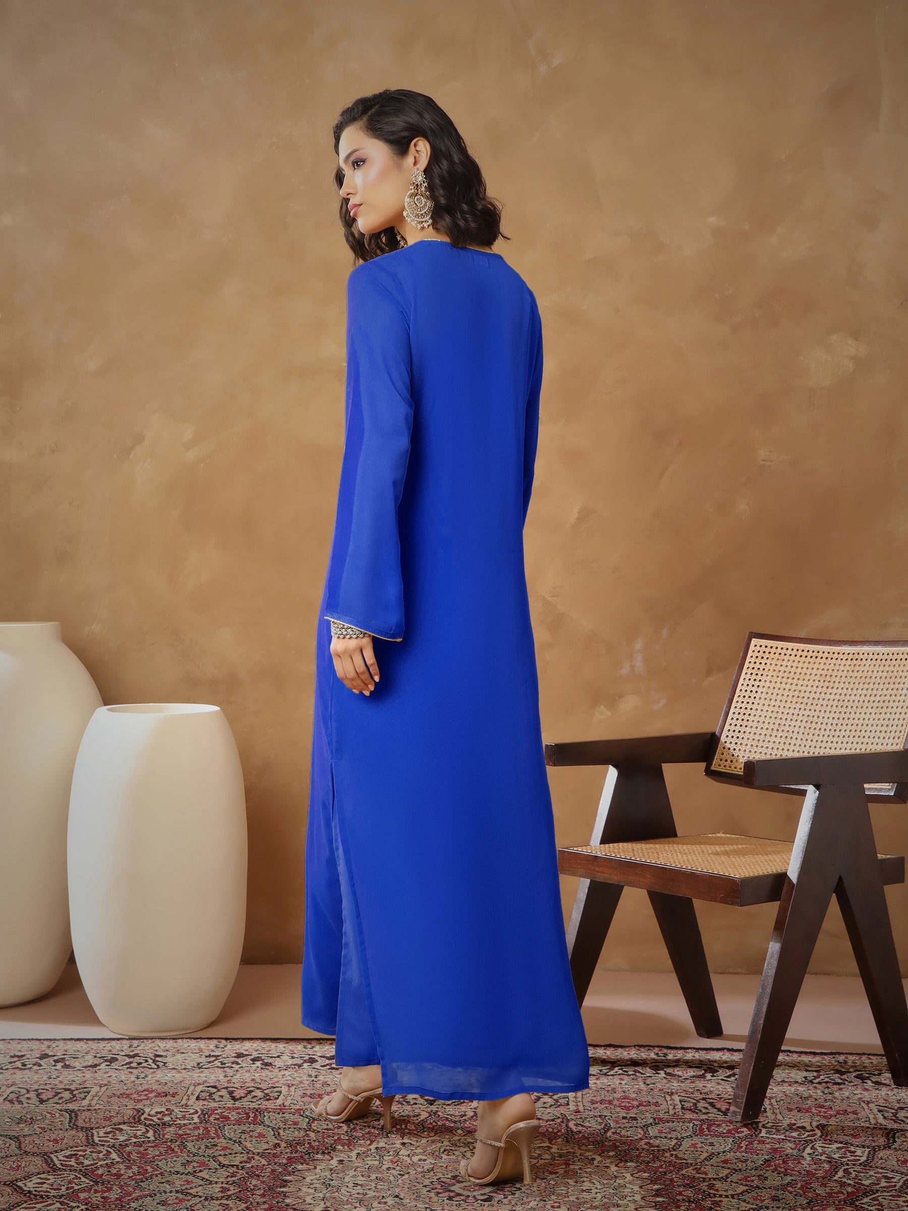 Navy Embroidered Round Neck Abaya Dress-Shae By SASSAFRAS