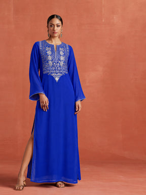 Navy Embroidered Round Neck Abaya Dress-Shae by SASSAFRAS