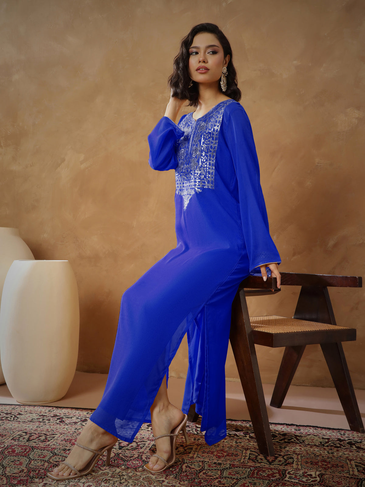 Navy Embroidered Round Neck Abaya Dress-Shae by SASSAFRAS
