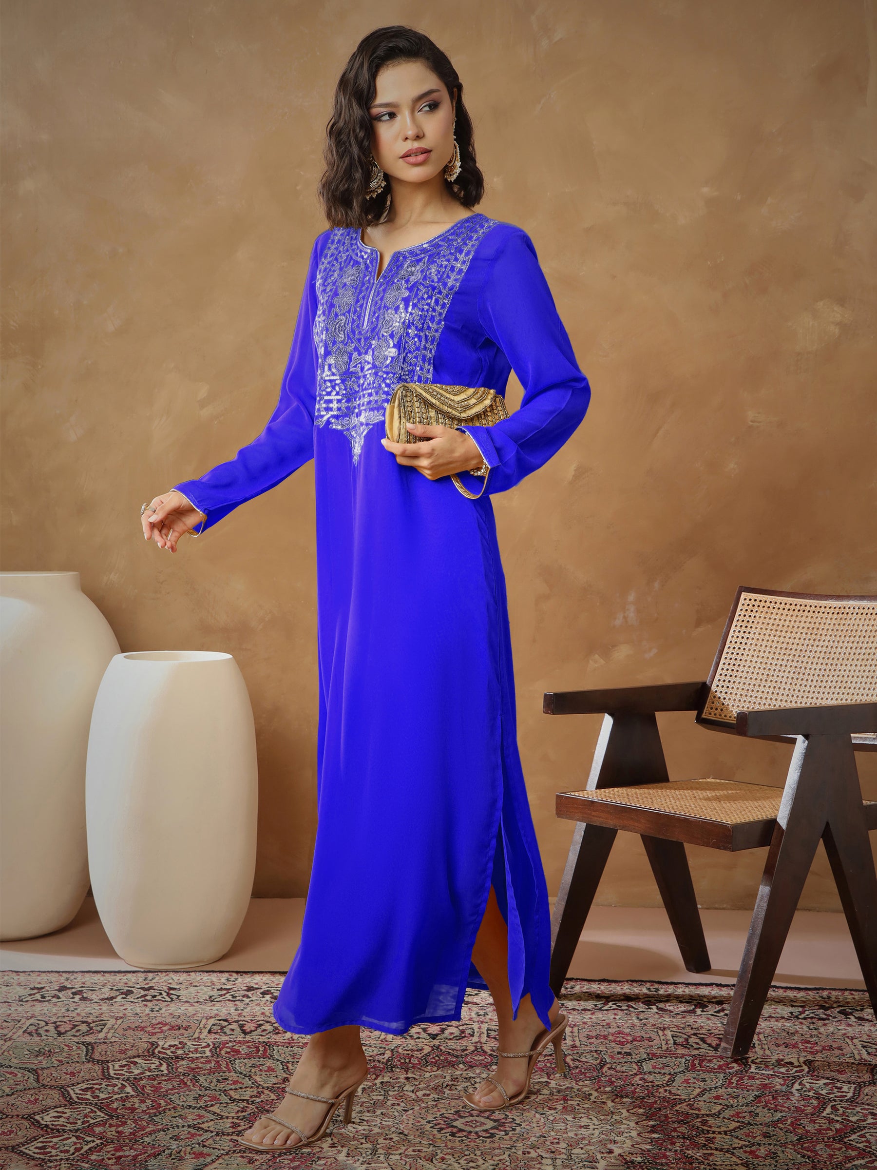 Navy Embroidered Round Neck Abaya Dress-Shae by SASSAFRAS