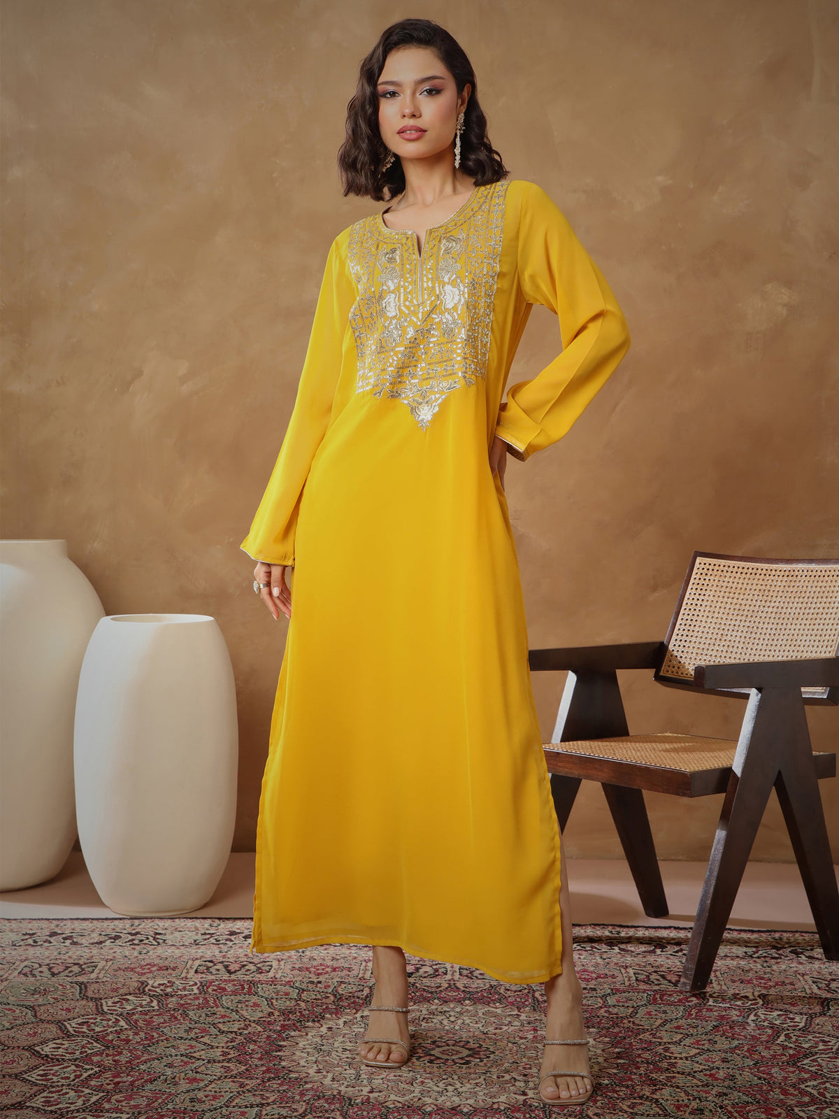 Yellow Embroidered Round Neck Abaya Dress-Shae By SASSAFRAS