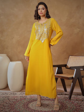 Yellow Embroidered Round Neck Abaya Dress-Shae By SASSAFRAS