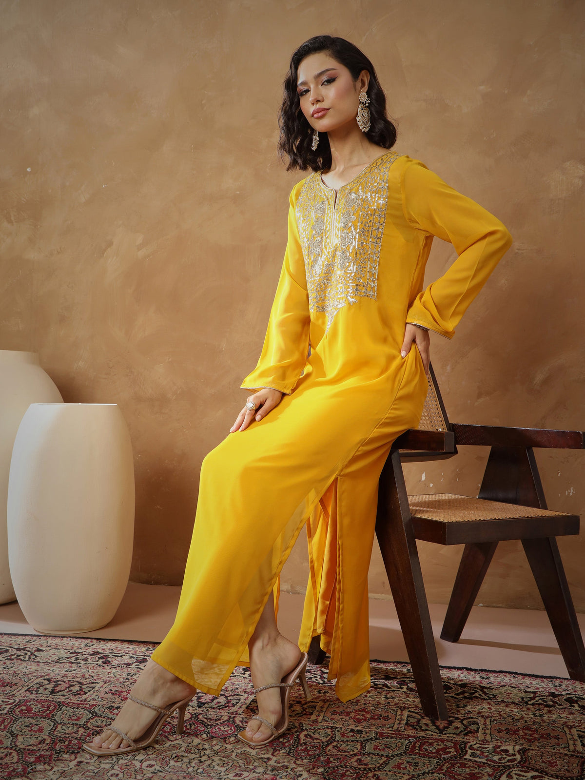 Yellow Embroidered Round Neck Abaya Dress-Shae By SASSAFRAS