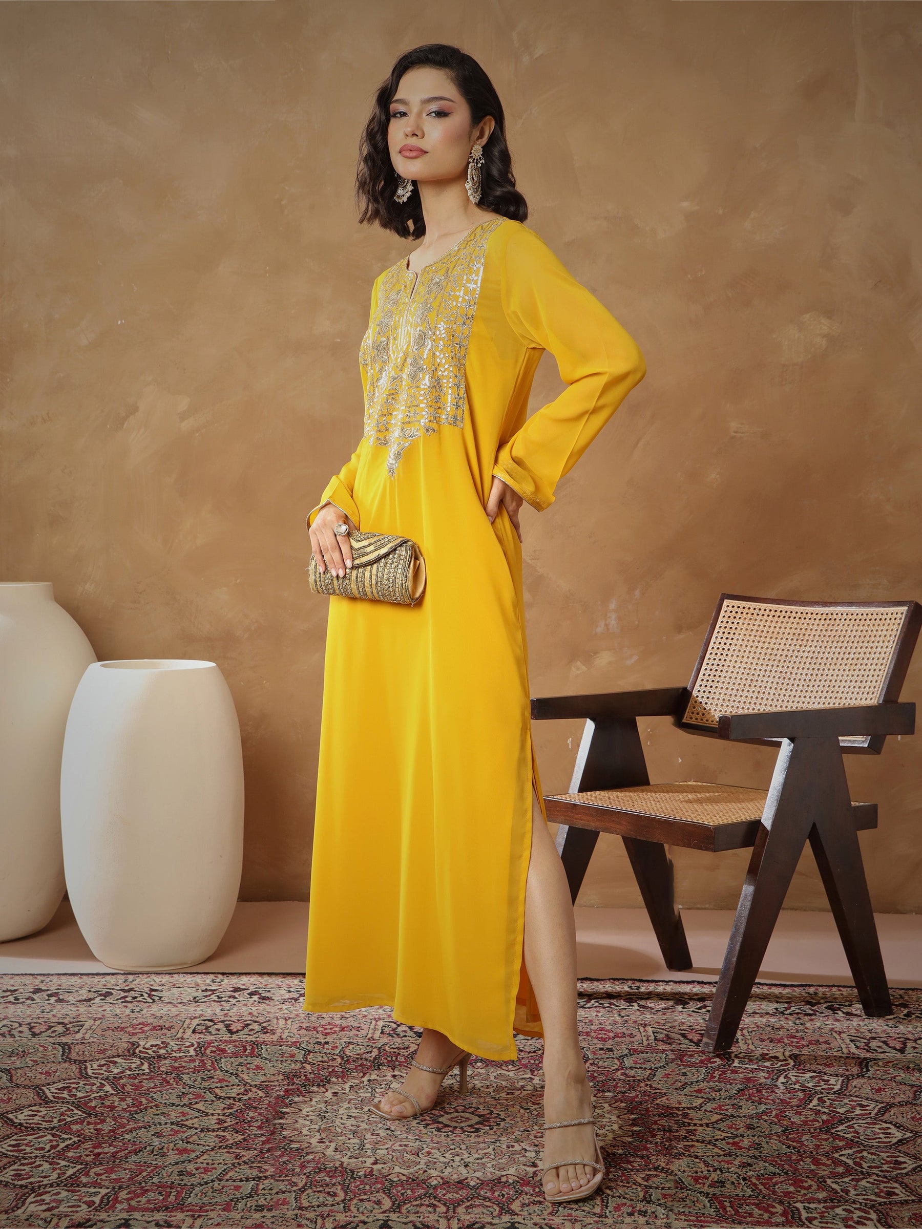 Yellow Embroidered Round Neck Abaya Dress-Shae By SASSAFRAS
