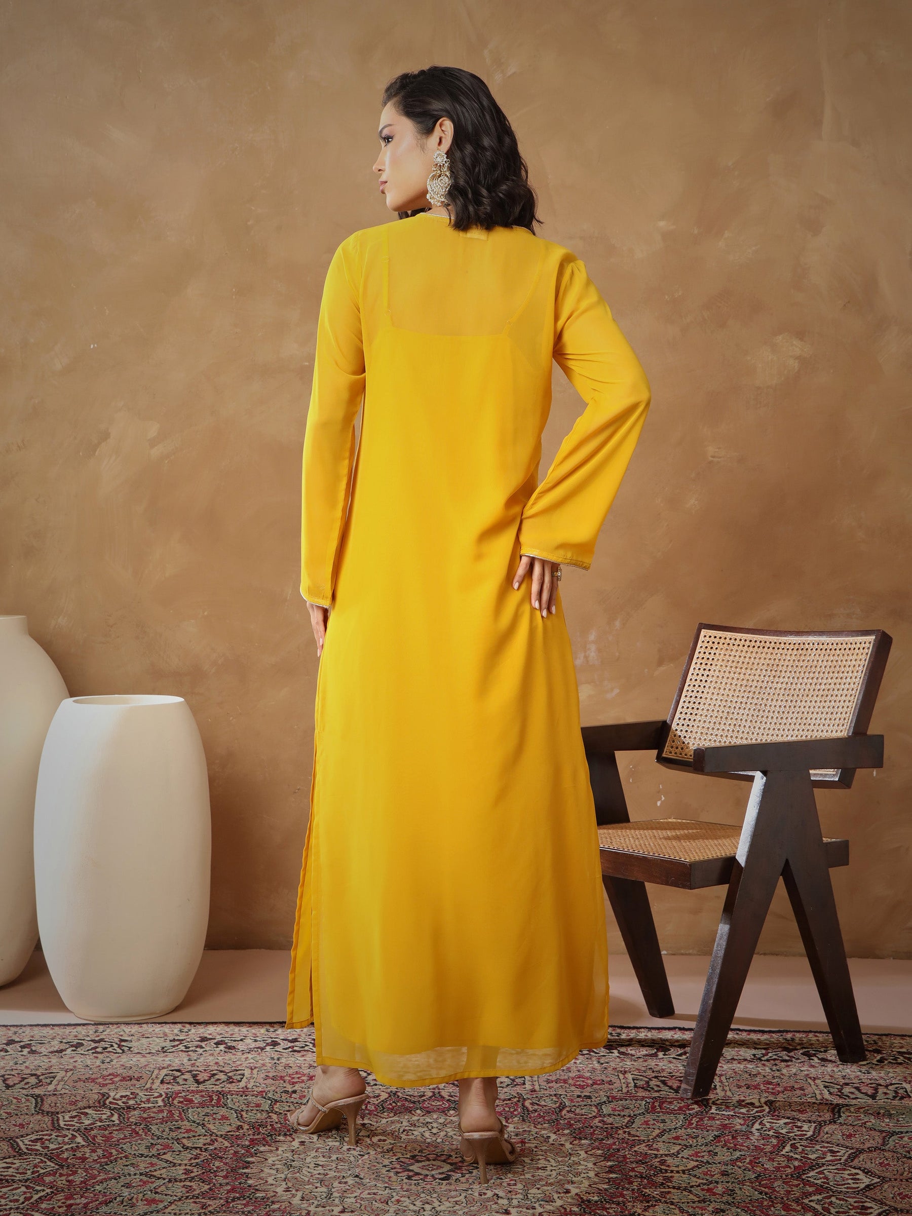 Yellow Embroidered Round Neck Abaya Dress-Shae By SASSAFRAS