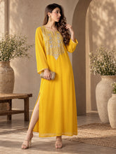 Yellow Embroidered Round Neck Abaya Dress-Shae by SASSAFRAS