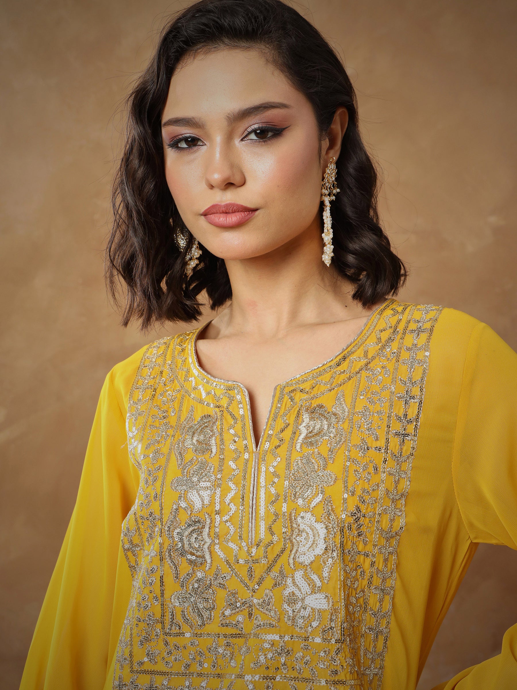 Yellow Embroidered Round Neck Abaya Dress-Shae by SASSAFRAS