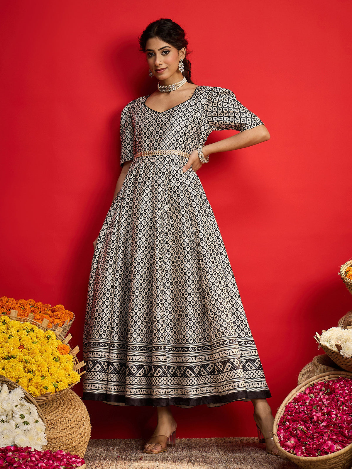 Black & White Geometric Anarkali Maxi Dress-Shae By SASSAFRAS