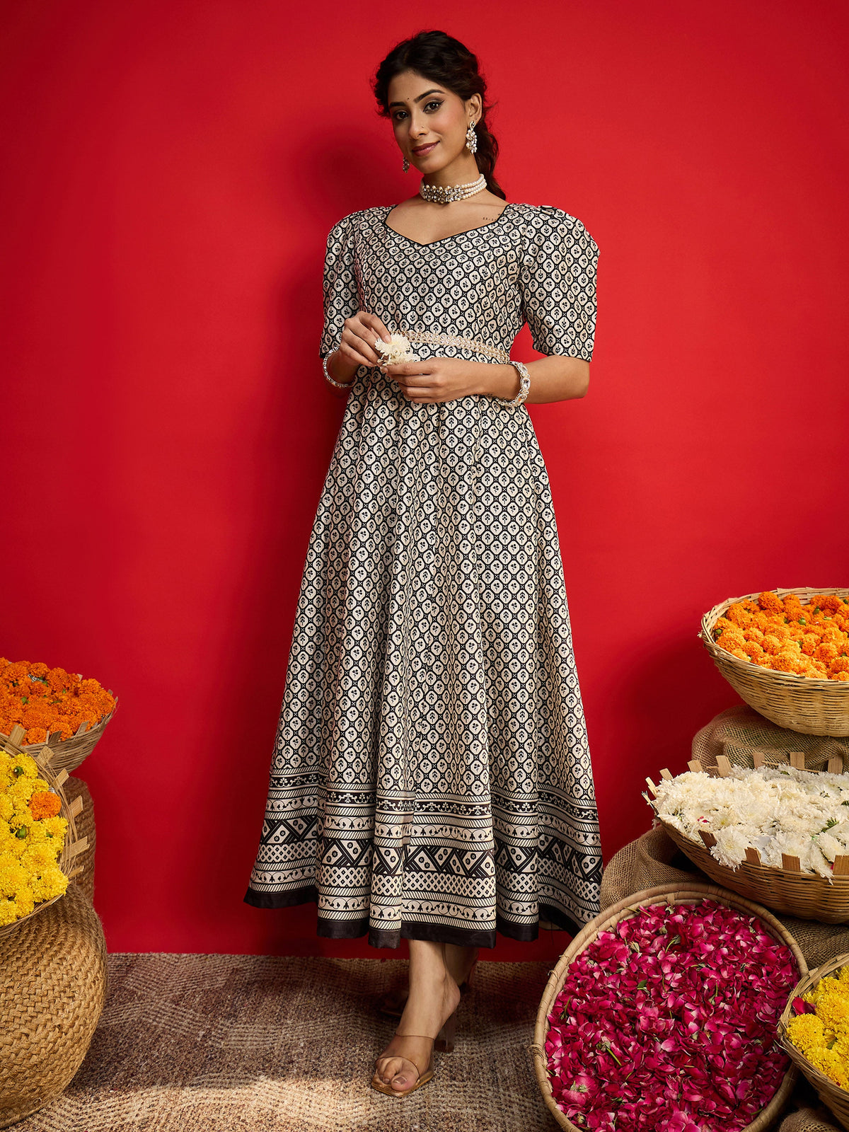 Black & White Geometric Anarkali Maxi Dress-Shae By SASSAFRAS