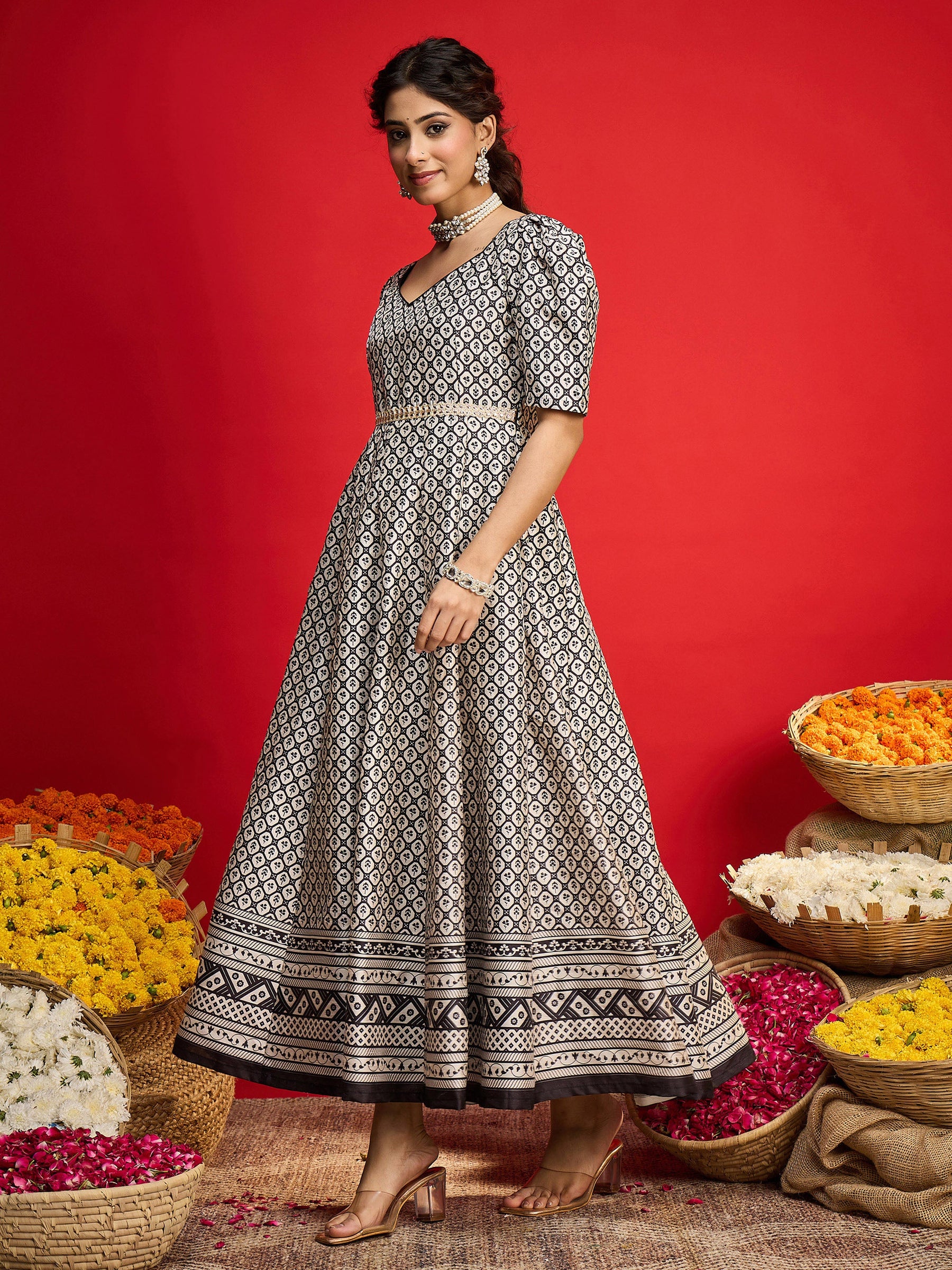Black & White Geometric Anarkali Maxi Dress-Shae By SASSAFRAS