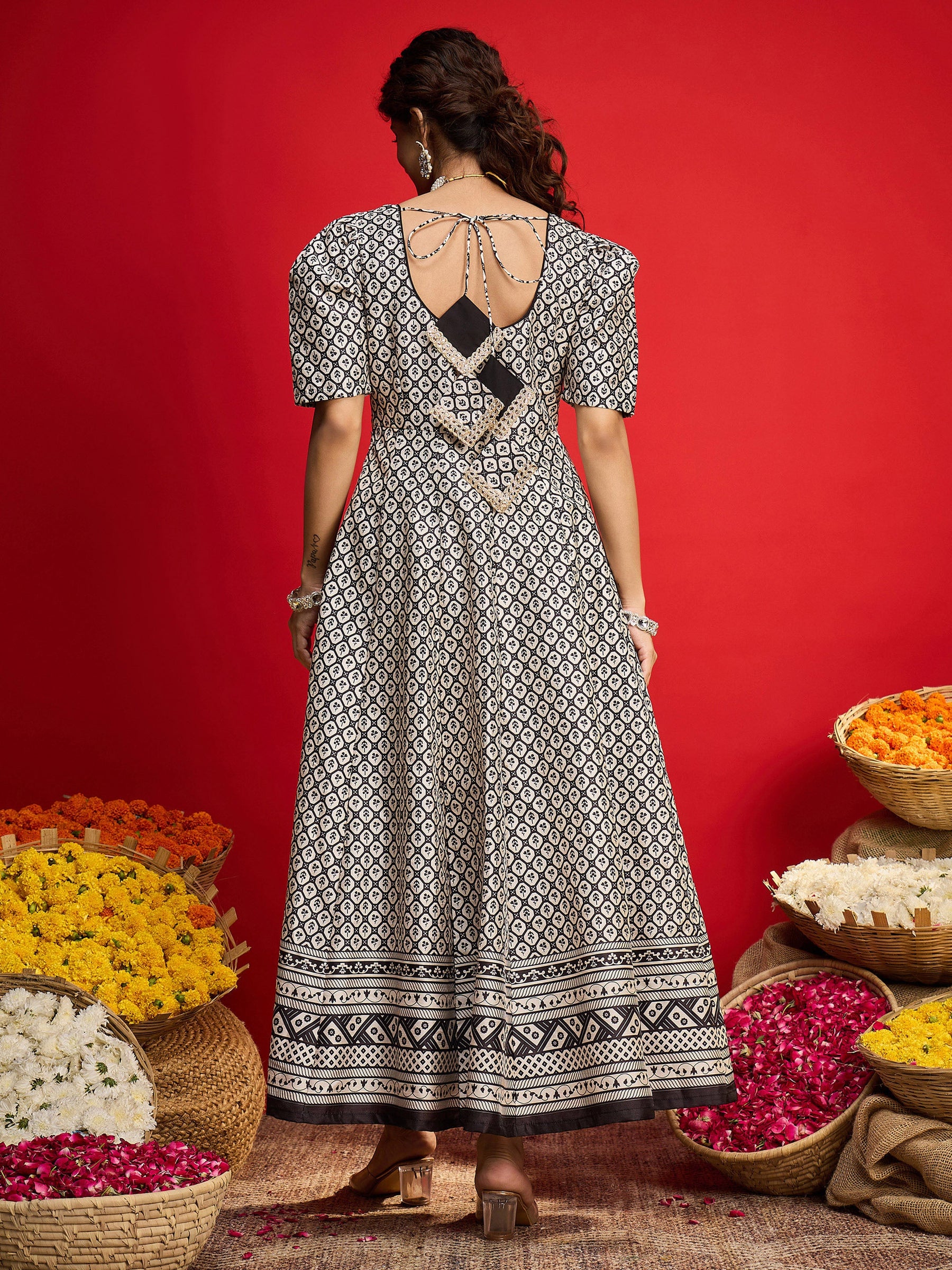 Black & White Geometric Anarkali Maxi Dress-Shae By SASSAFRAS