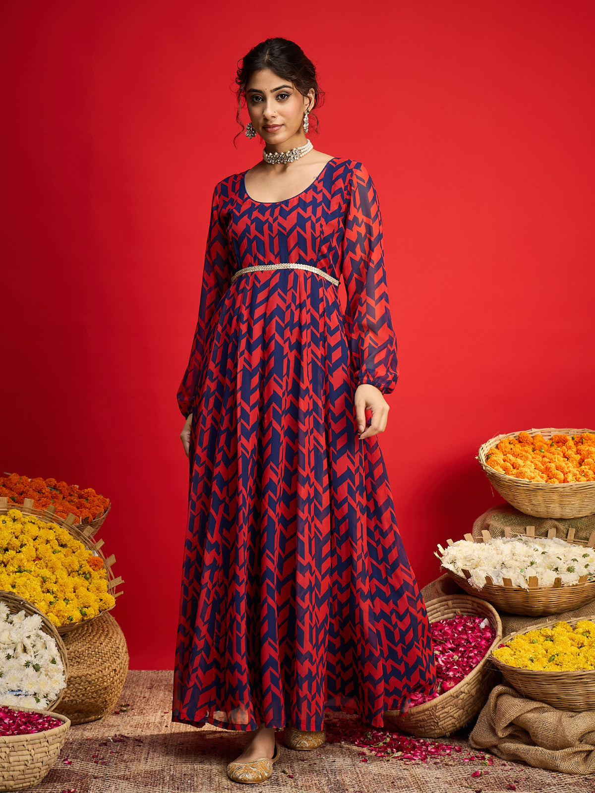 Navy & Red Round Neck Anarkali Dress-Shae By SASSAFRAS