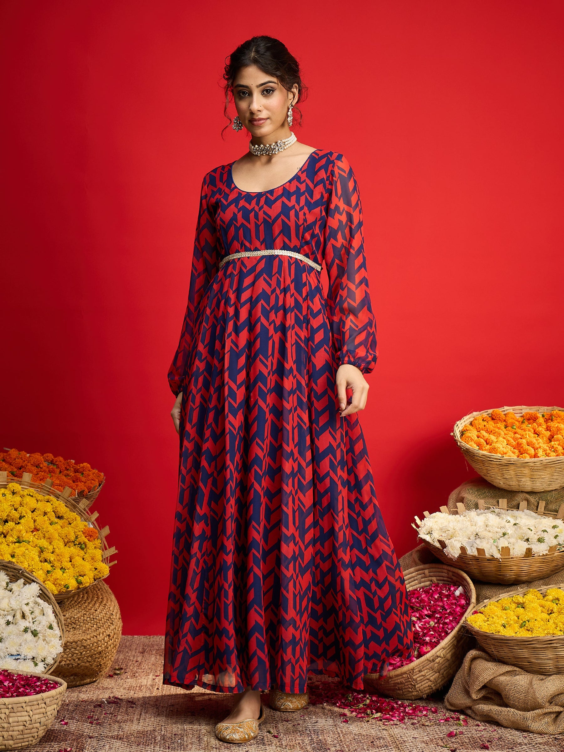 Navy & Red Round Neck Anarkali Dress-Shae By SASSAFRAS