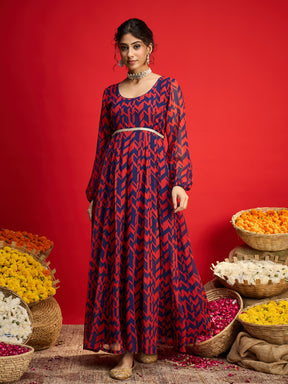 Navy & Red Round Neck Anarkali Dress-Shae By SASSAFRAS