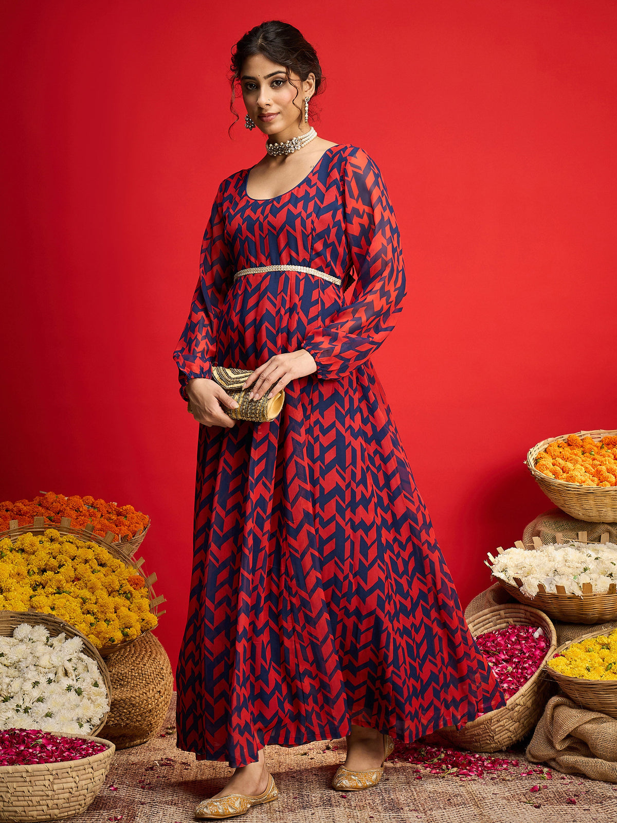 Navy & Red Round Neck Anarkali Dress-Shae By SASSAFRAS