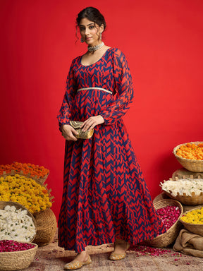 Navy & Red Round Neck Anarkali Dress-Shae By SASSAFRAS