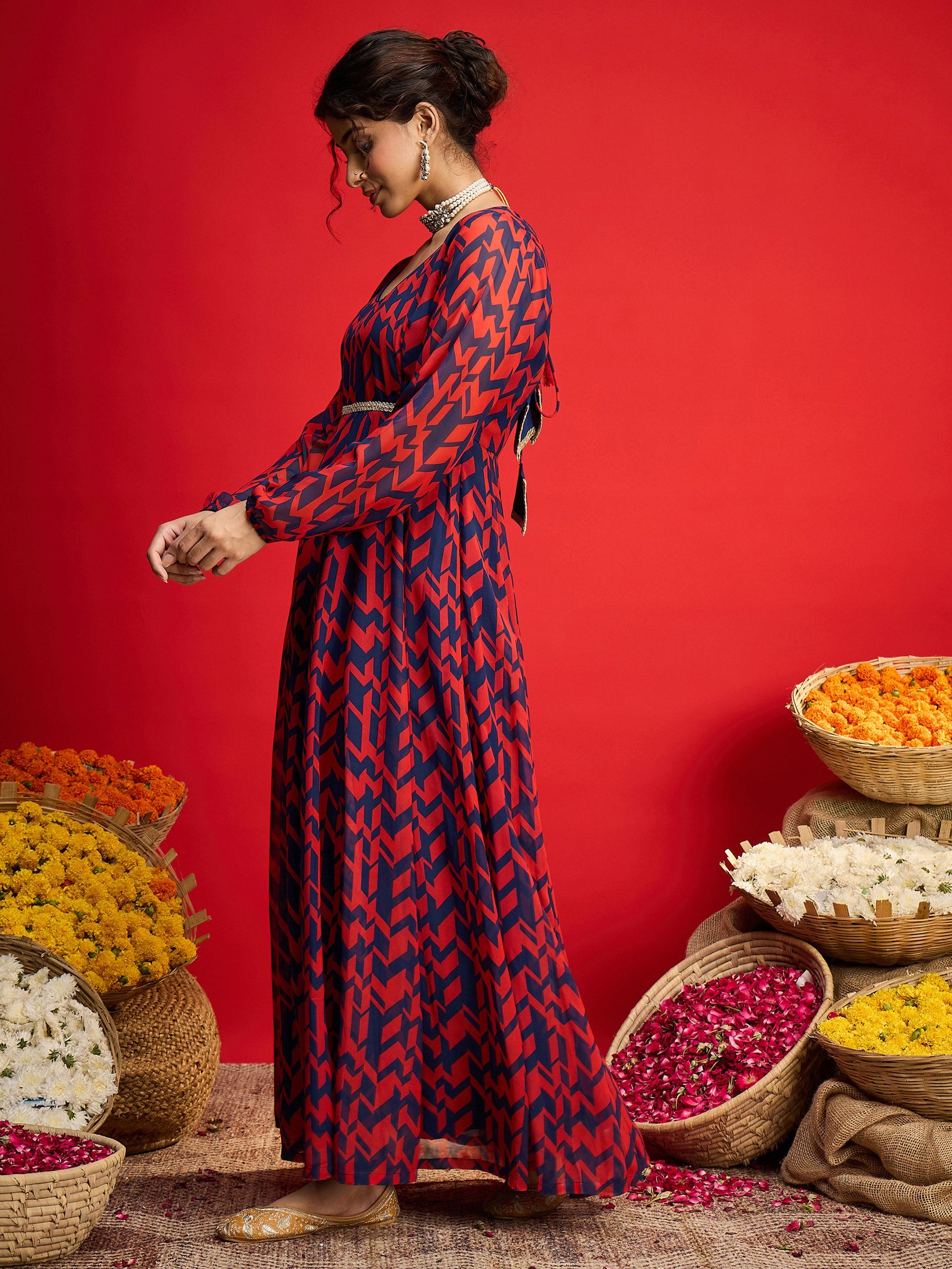 Navy & Red Round Neck Anarkali Dress-Shae By SASSAFRAS