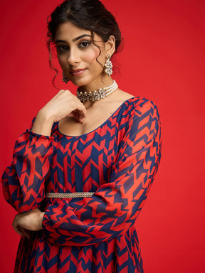 Navy & Red Round Neck Anarkali Dress-Shae By SASSAFRAS