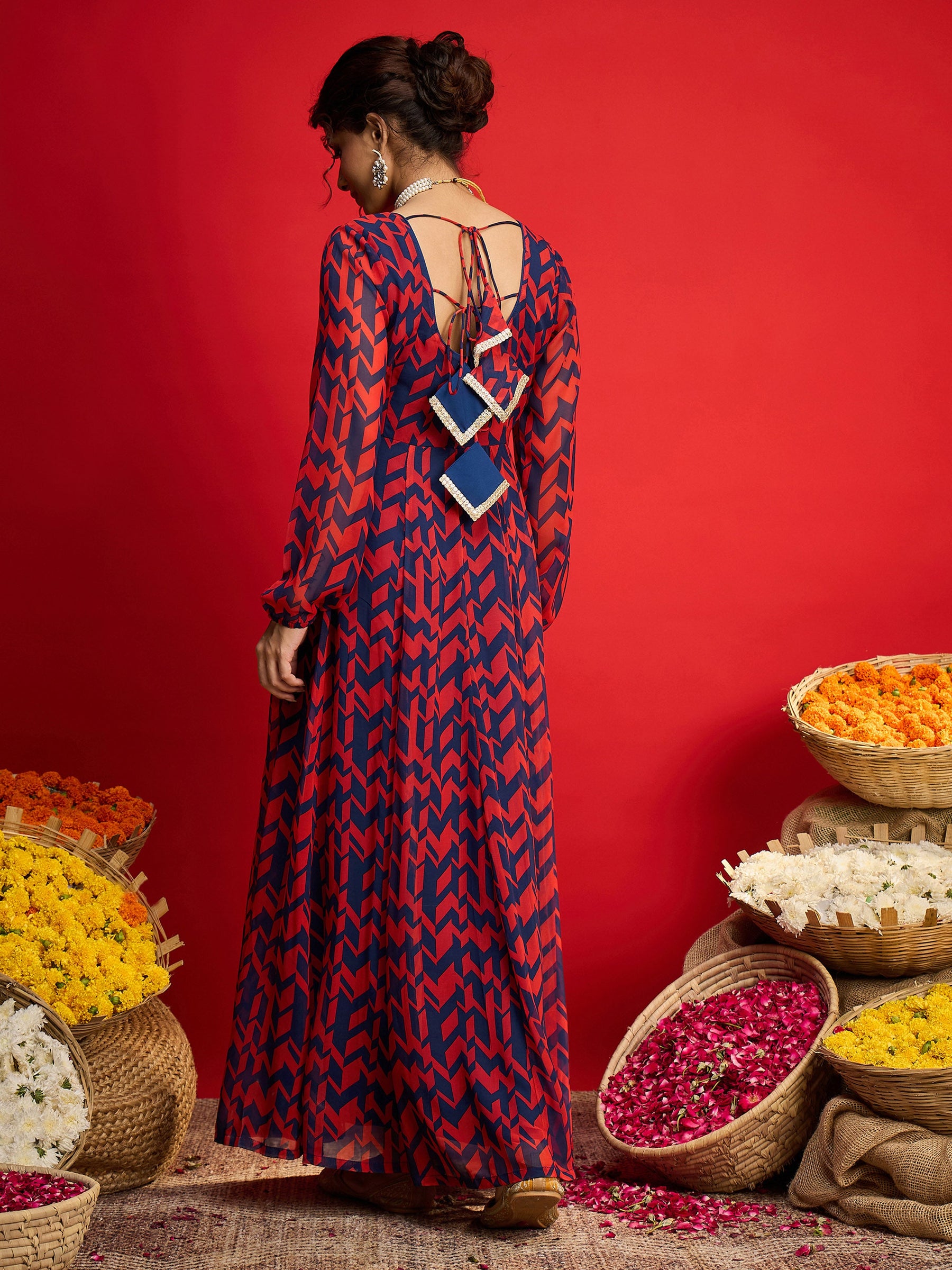Navy & Red Round Neck Anarkali Dress-Shae By SASSAFRAS