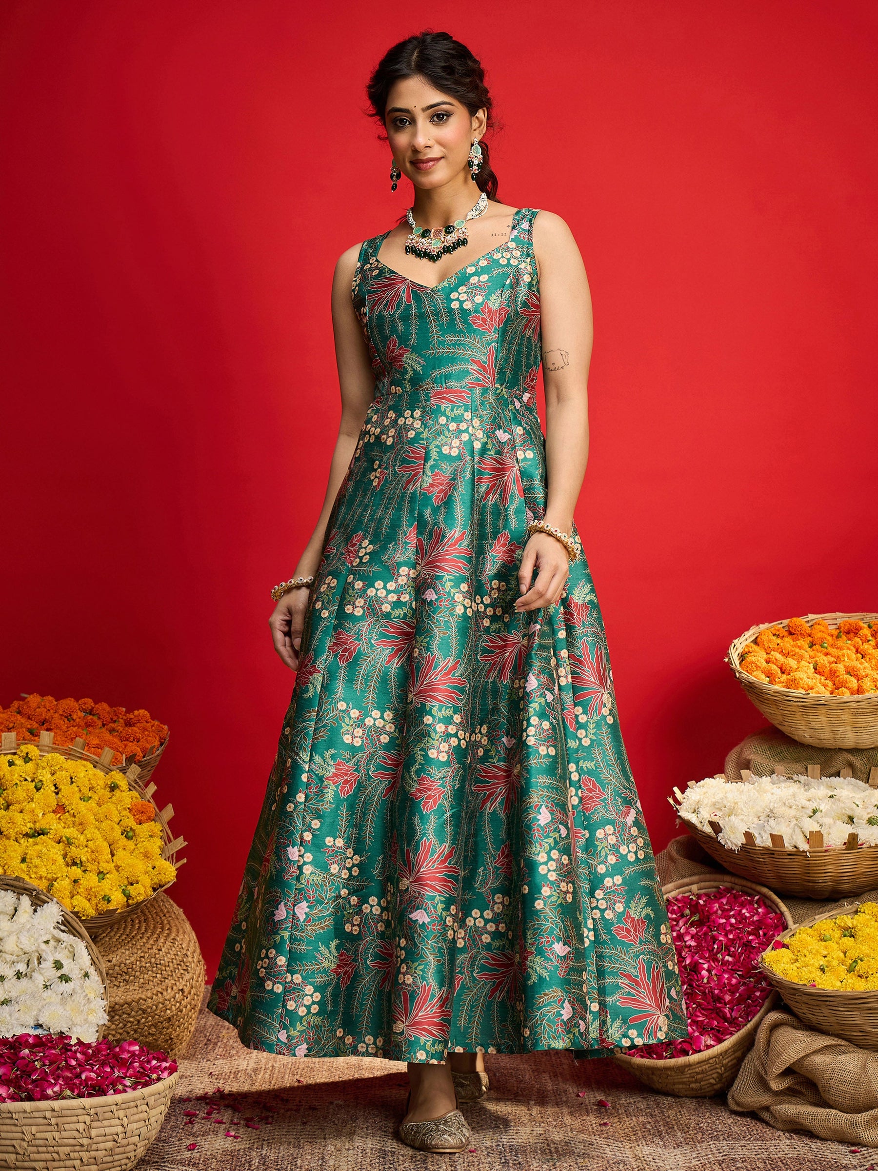 Green Floral Sleeveless Anarkali Maxi Dress-Shae By SASSAFRAS