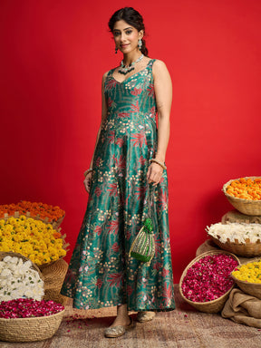 Green Floral Sleeveless Anarkali Maxi Dress-Shae By SASSAFRAS