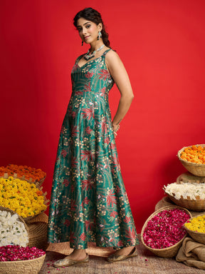 Green Floral Sleeveless Anarkali Maxi Dress-Shae By SASSAFRAS