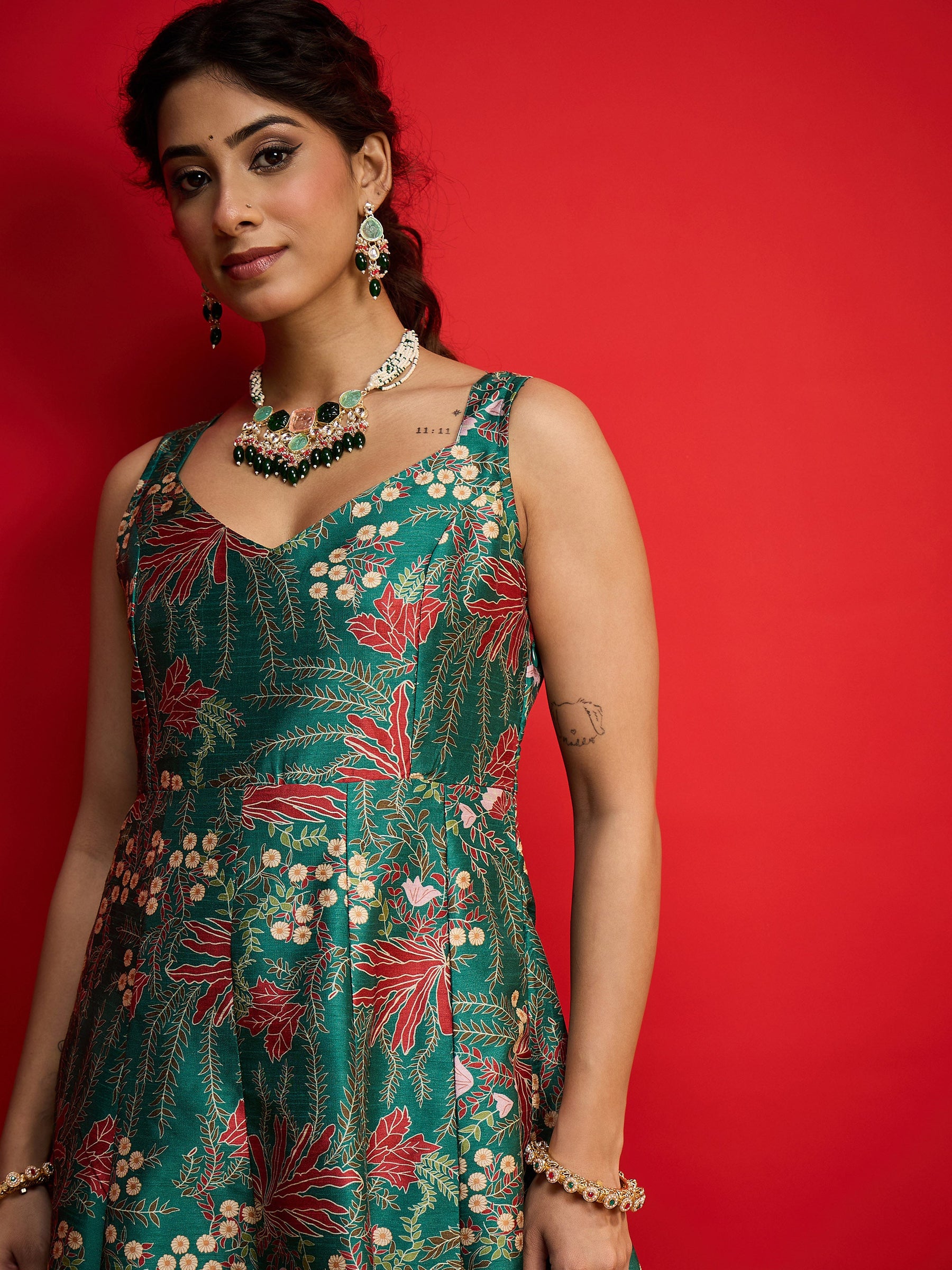 Green Floral Sleeveless Anarkali Maxi Dress-Shae By SASSAFRAS