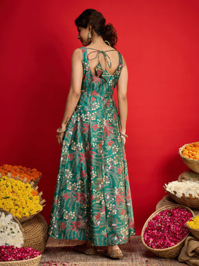 Green Floral Sleeveless Anarkali Maxi Dress-Shae By SASSAFRAS