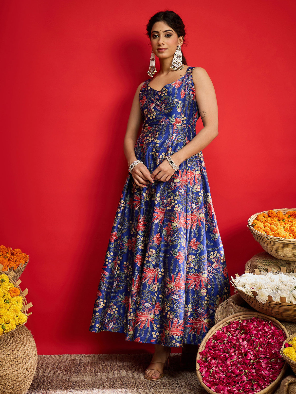 Navy Floral Sleeveless Anarkali Maxi Dress-Shae By SASSAFRAS
