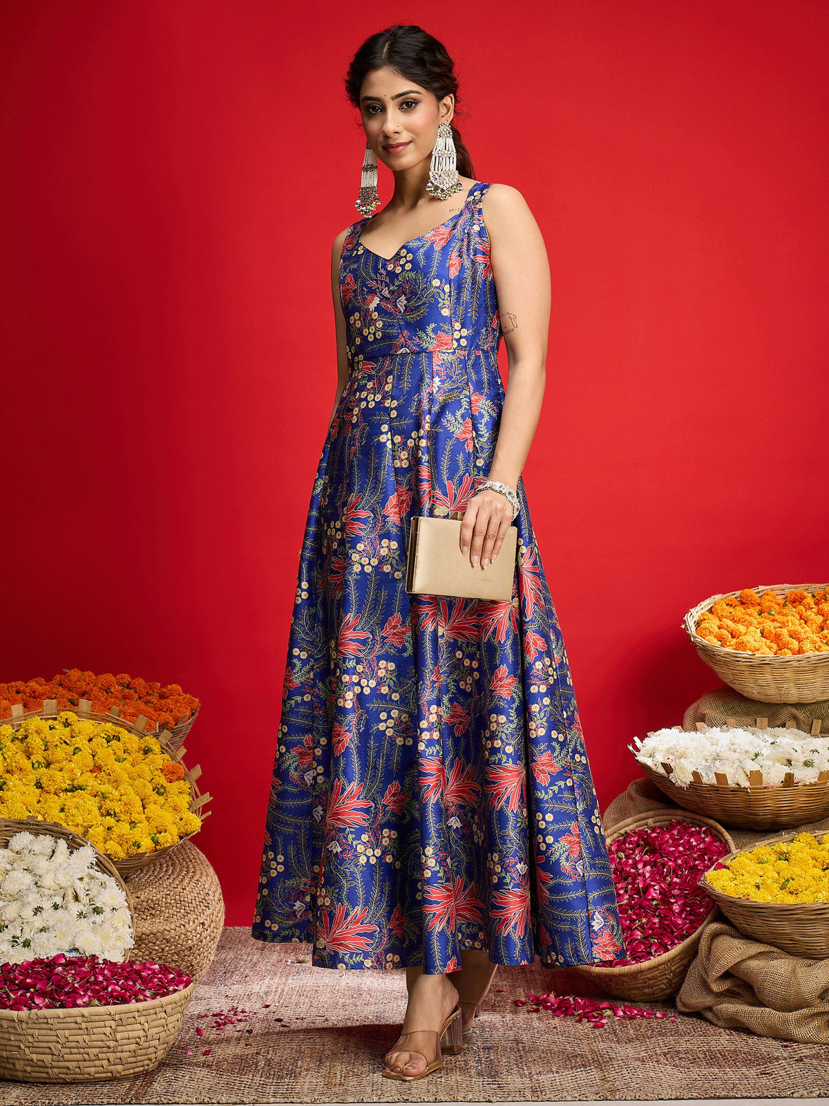 Navy Floral Sleeveless Anarkali Maxi Dress-Shae By SASSAFRAS