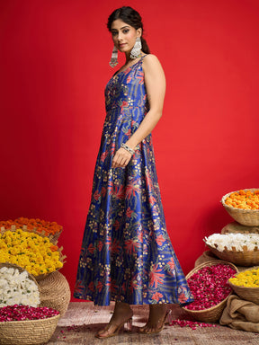Navy Floral Sleeveless Anarkali Maxi Dress-Shae By SASSAFRAS
