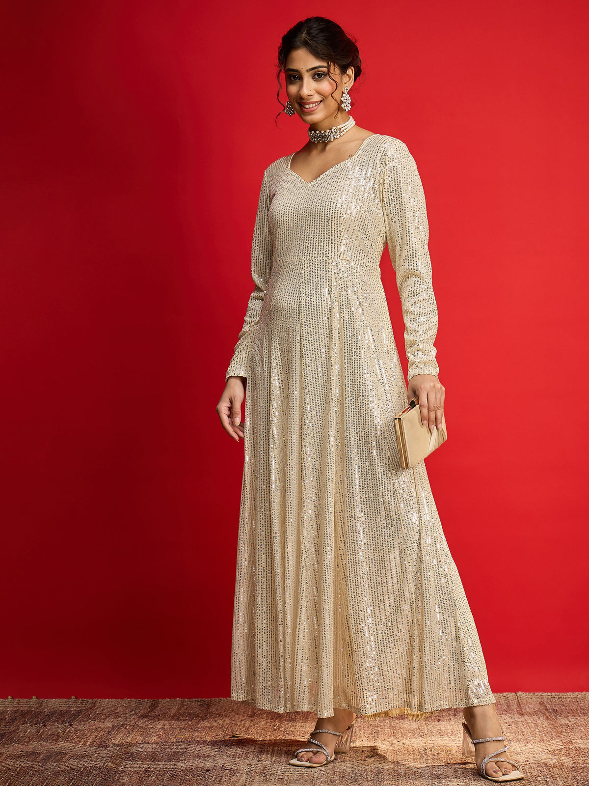 Golden Sequins Sweetheart Neck Anarkali Dress-Shae By SASSAFRAS