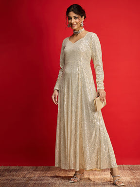 Golden Sequins Sweetheart Neck Anarkali Dress-Shae By SASSAFRAS