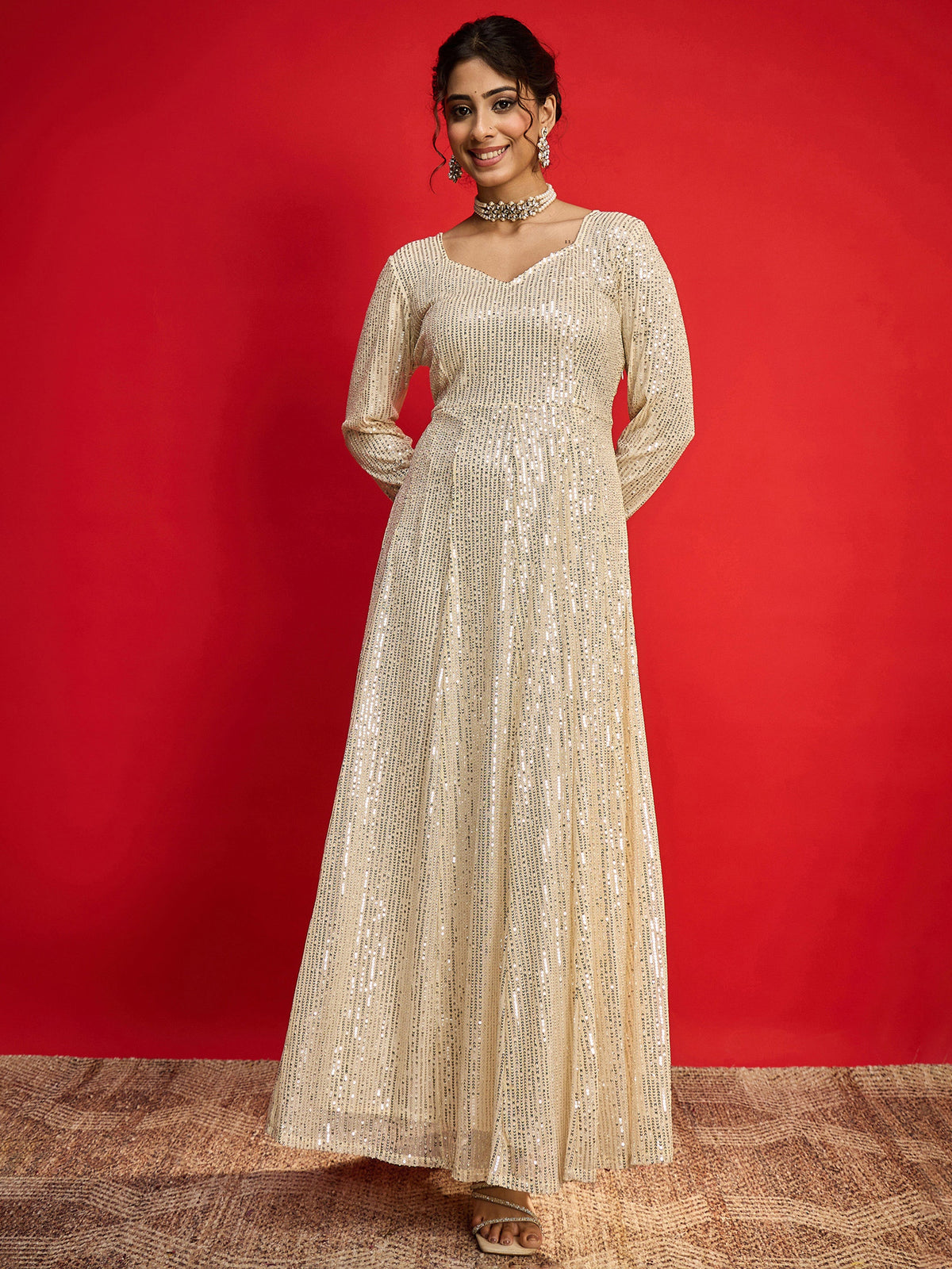 Golden Sequins Sweetheart Neck Anarkali Dress-Shae By SASSAFRAS