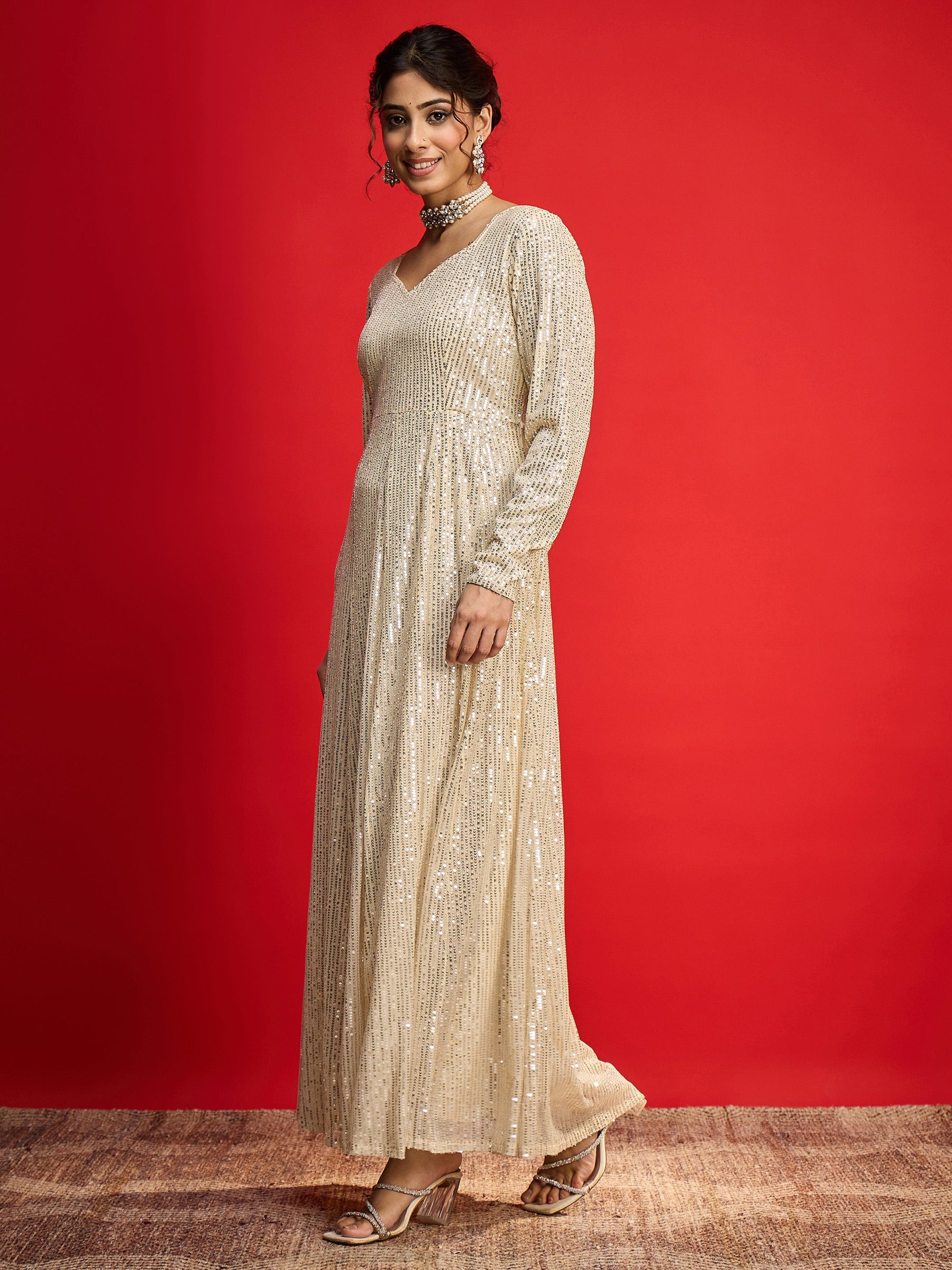 Golden Sequins Sweetheart Neck Anarkali Dress-Shae By SASSAFRAS