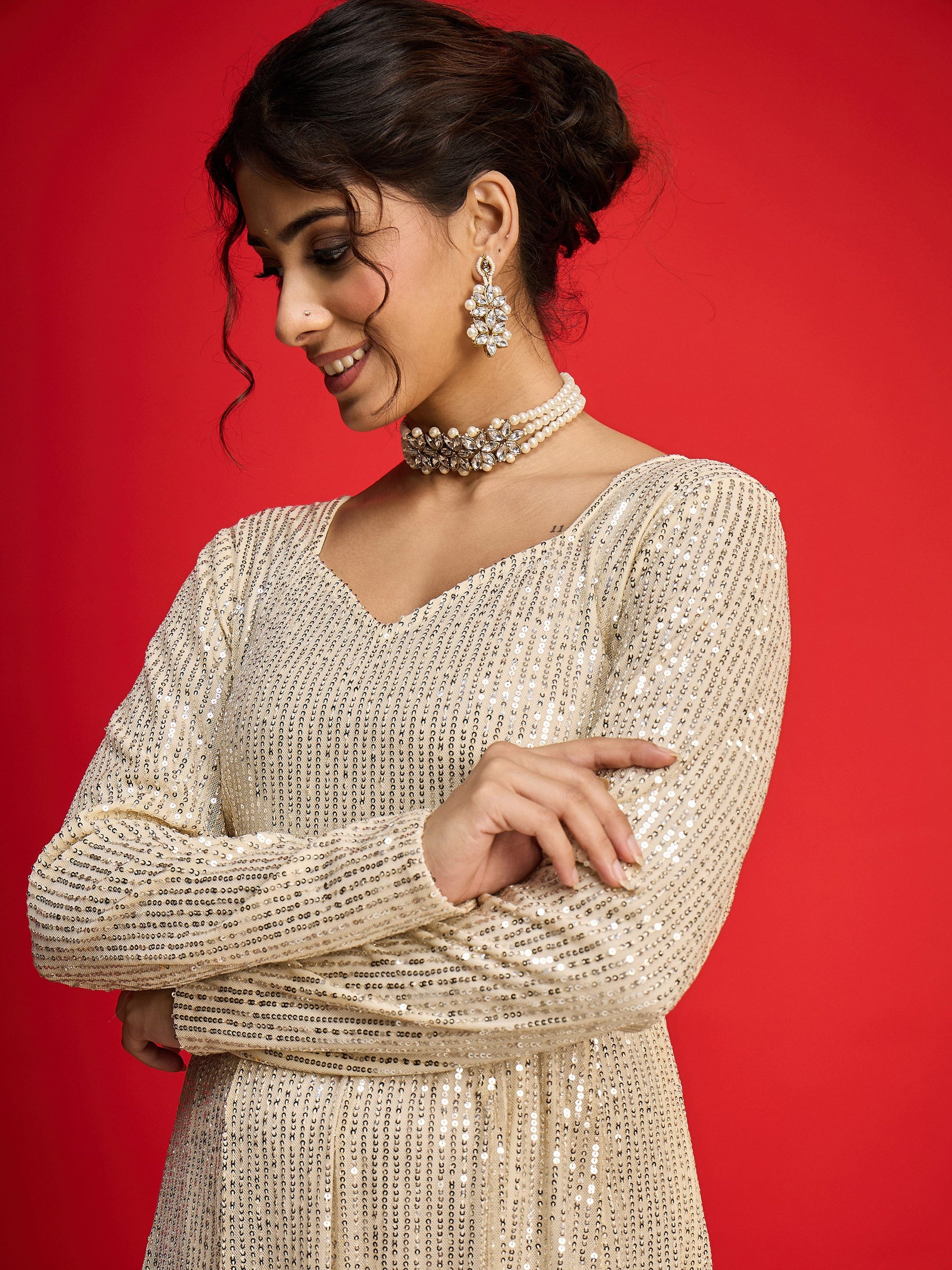 Golden Sequins Sweetheart Neck Anarkali Dress-Shae By SASSAFRAS