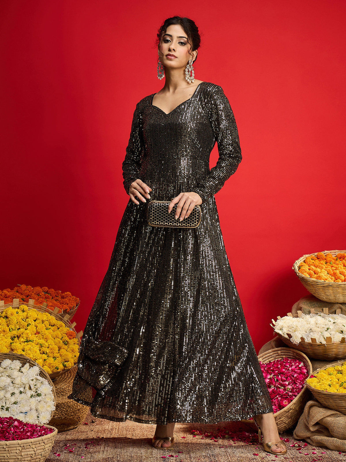 Black With Golden Sequins Sweetheart Neck Anarkali Dress-Shae By SASSAFRAS