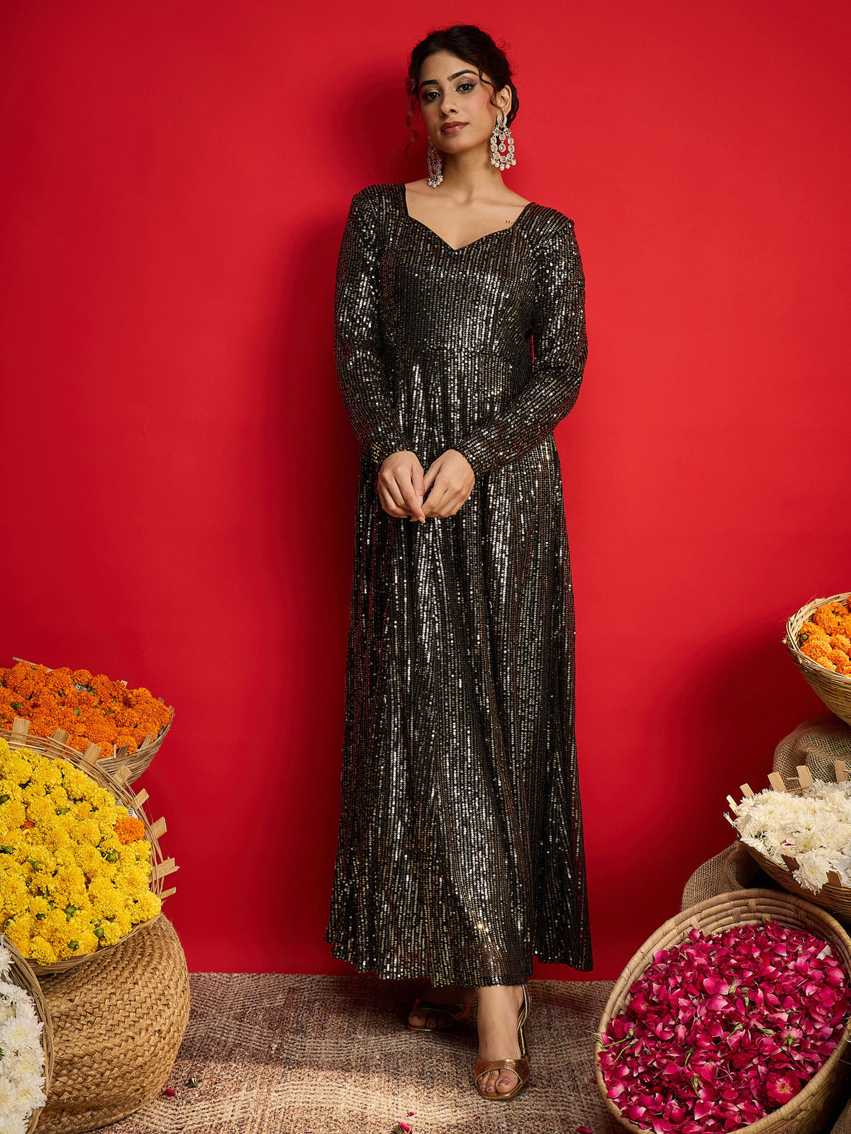 Black With Golden Sequins Sweetheart Neck Anarkali Dress-Shae By SASSAFRAS