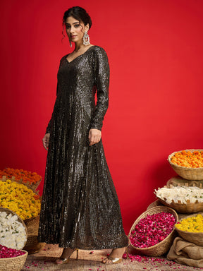 Black With Golden Sequins Sweetheart Neck Anarkali Dress-Shae By SASSAFRAS