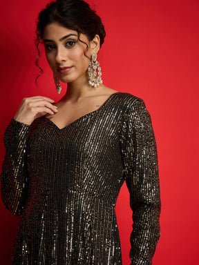 Black With Golden Sequins Sweetheart Neck Anarkali Dress-Shae By SASSAFRAS