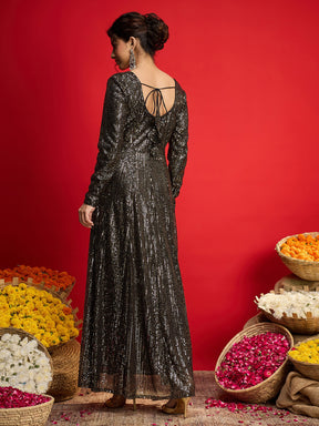 Black With Golden Sequins Sweetheart Neck Anarkali Dress-Shae By SASSAFRAS