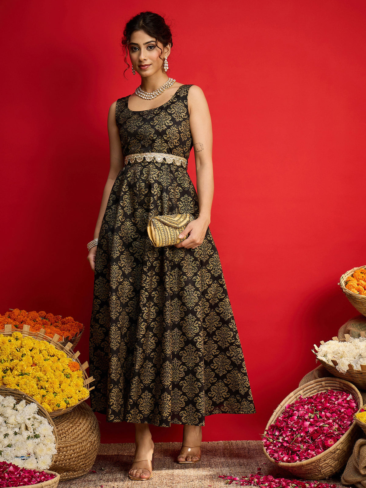 Black Jacquard Floral Self-Belt Anarkali Dress-Shae By SASSAFRAS